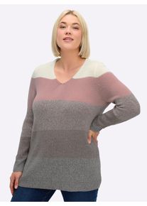 sheego Gro&szlig;e Gr&ouml;&szlig;en Longpullover mit Blockstreifen-Muster, hortensie-ecru-meliert, Gr&ouml;&szlig;e 44 - Damen