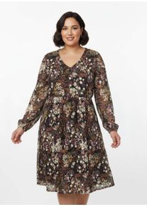 sheego Gro&szlig;e Gr&ouml;&szlig;en Druckkleid mit Smokabschluss an den &Auml;rmeln, schwarz-bedruckt, Gr&ouml;&szlig;e 46 - Damen