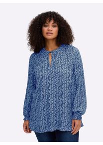 sheego Gro&szlig;e Gr&ouml;&szlig;en Tunika mit Bl&uuml;tenprint und Smok-Details, jeansblau-gemustert, Gr&ouml;&szlig;e 52 - Damen