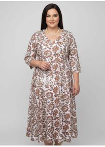 sheego Gro&szlig;e Gr&ouml;&szlig;en Druckkleid in Maxi-L&auml;nge, wei&szlig;-papaya-gemustert, Gr&ouml;&szlig;e 44 - Damen