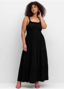 sheego Gro&szlig;e Gr&ouml;&szlig;en Maxikleid mit Smok-Oberteil und Volantrock, schwarz, Gr&ouml;&szlig;e 52 - Damen