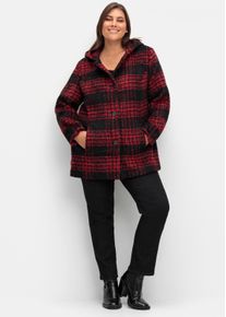 sheego Gro&szlig;e Gr&ouml;&szlig;en Outdoorjacke in schmeichelnder Longform, schwarz-rot-kariert, Gr&ouml;&szlig;e 46 - Damen