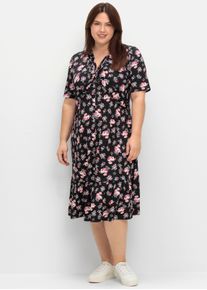 sheego Gro&szlig;e Gr&ouml;&szlig;en Shirtkleid mit Volant am Saum, schwarz-hortensie-gemustert, Gr&ouml;&szlig;e 52 - Damen