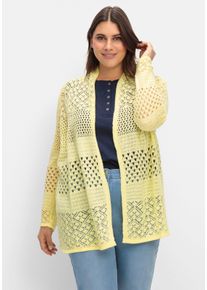 sheego Gro&szlig;e Gr&ouml;&szlig;en Ajourstrickjacke in langer, offener Form, zitrone, Gr&ouml;&szlig;e 44 - Damen