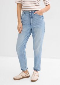 bonprix Mom Jeans High Waist Low Stretch cropped, blau, Gr.44, Mom Jeans mit hohem Bund aus einem festen Baumwolldenim, der sich zun&auml;chst etwas steif anf&uuml;hlt und durch h&auml;ufiges Tragen weicher und lockerer wird., 99% Baumwolle
