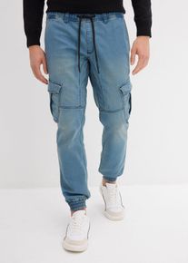 bonprix Regular-Fit Jeans-Jogger mit Dehnbund Straight, blau, Gr.62, Joggpants aus elastischem Baumwollstoff mit Cargotaschen und angesagtem Used-Effekt, 73% Baumwolle