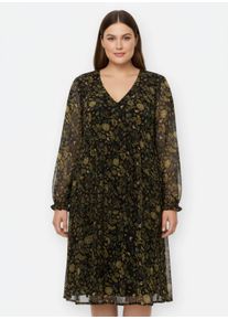 sheego Gro&szlig;e Gr&ouml;&szlig;en A-Linien-Kleid mit Raffungen vorne, schwarz-ocker, Gr&ouml;&szlig;e 52 - Damen