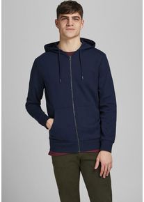 Jack & Jones Kapuzensweatjacke JACK & JONES "JJEBASIC Hoodie mit Rippb&uuml;ndchen und angenehmem Tragegef&uuml;hl", Herren, Gr. XS, blau (navy), Sweatware, Obermaterial: 85% Baumwolle, 15% Polyester, unifarben, normal h&uuml;ftbedeckend, Rundhals, Rippb&uuml;ndchen, Sweatjacken Kapuzensweatjacke, unifarben, modisch, regular fit, Baumwollmischung, Rundhals