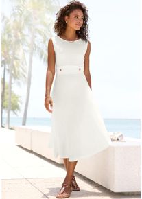 Midikleid Lascana, Damen, Gr. 46, N-Gr, wei&szlig;, Jersey, Obermaterial: 95% Polyester, 5% Elasthan, unifarben, figurumspielend kniebedeckend, Rundhals, Kleider Midikleid, mit dekorativen Riegeln und goldenen Zierkn&ouml;pfen, b&uuml;gelfrei, Topseller