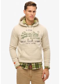 Kapuzensweatshirt Superdry "SD-VL HERITAGE RELAXED HOOD", Herren, Gr. S, beige (pelican beige), Jersey, Obermaterial: 55% Baumwolle, 45% Polyester, bedruckt, relaxed fit normal, ohne Ausschnitt, Rippb&uuml;ndchen, Sweatshirts Kapuzensweatshirt