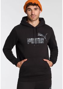 Kapuzensweatshirt Puma "ESS+ CAMO HOODIE FL", Herren, Gr. S, schwarz (Puma schwarz), Fleece, Obermaterial: 66% Baumwolle, 34% Polyester, bedruckt, regular fit normal, angesetztes B&uuml;ndchen, Sweatshirts Kapuzensweatshirt, mit ger&auml;umiger K&auml;ngurutasche, mit verstellbarer Kapuze