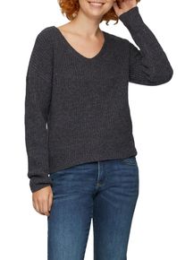 Strickpullover QS, Damen, Gr. XS, grau (grau, schwarz), Strick, Obermaterial: 75% Polyester, 25% Baumwolle, meliert, regular fit taillenbedeckt, V-Ausschnitt, Rippb&uuml;ndchen, Pullover Strickpullover, in Melange Optik