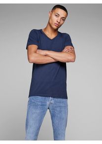 Jack & Jones T-Shirt JACK & JONES "SLIM- FIT BASIC TEE V-NECK", Herren, Gr. XXL, blau (navy blazer), Jersey, Obermaterial: 92% Baumwolle, 8% Elasthan, unifarben, schmal h&uuml;ftbedeckend, V-Ausschnitt, Shirts T-Shirt, mit V-Ausschnitt