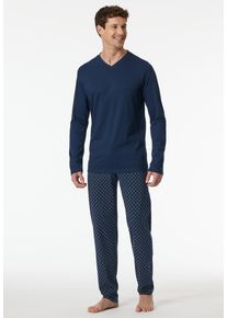Schlafanzug Schiesser "Casual Essentials", Herren, Gr. 48, blau (801, admiral), Single Jersey, Obermaterial: 100% Baumwolle, gemustert, unifarben, lang, V-Ausschnitt, Homewear-Sets Schlafanzug, mit V-Ausschnitt