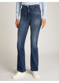 Slim-fit-Jeans Tommy Jeans "Sylvia High Rise Flare", Damen, Gr. 25, L&auml;nge 32, schwarz (denim schwarz), Denim/Jeans, Obermaterial: 92% Baumwolle, 6% Elastomultiester, 2% Elasthan, unifarben, slim fit lang, Jeans Slim-fit-Jeans, mit Logo-Badge