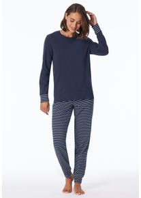 Schlafanzug uncover by Schiesser "Uncover Nightwear", Damen, Gr. 48, 835, blau, Single Jersey, Obermaterial: 100% Baumwolle, bequem lang, Rundhals, angesetztes B&uuml;ndchen, Homewear-Sets Schlafanzug, Rundhalsausschnitt, Pure Cotton, Streifen, Single Jersey, Langarm, Topseller
