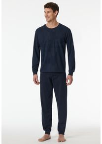 Schlafanzug Schiesser "Comfort Essentials", Herren, Gr. 52, blau (803, dunkelblau), Single Jersey, Obermaterial: 100% Baumwolle, gestreift, unifarben, regular fit lang, Rundhals, Homewear-Sets Schlafanzug, mit gestreiftem Oberteil