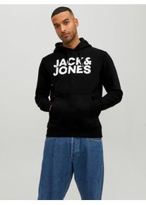 Jack & Jones Kapuzensweatshirt JACK & JONES "JJECORP Kapuze und Frontprint", Herren, Gr. M, schwarz, Obermaterial: 70% Baumwolle, 30% Polyester, bedruckt, normal, Rundhals, B&uuml;ndchen, Sweatshirts Kapuzensweatshirt, bedruckt, modisch, regular fit, Baumwollmischung, Rundhals