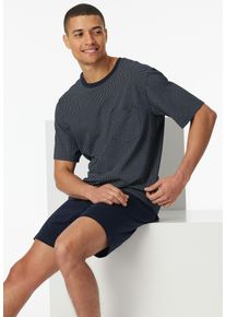 Shorty Schiesser "Comfort Essentials", Herren, Gr. 62, blau (804, nachtblau), Single Jersey, Obermaterial: 95% Baumwolle, 5% Elasthan, gemustert, unifarben mit Farbeinsatz, Basic kurz, Rundhals, Homewear-Sets Shorty, mit gemustertem Oberteil
