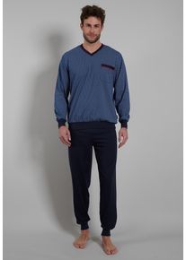 G&ouml;tzburg Pyjama G&Ouml;TZBURG "Manhattan", Herren, Gr. 64 (6XL), blau (blau, dunkel, uni), Single Jersey, Obermaterial: 100% Baumwolle, bedruckt, gemustert, bequem lang, V-Ausschnitt, angesetztes B&uuml;ndchen, Homewear-Sets Pyjama, Langarm, V-Ausschnitt, lange Hose, V-Ausschnitt, Baumwolle