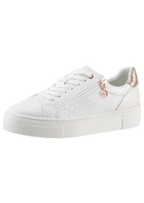 Plateausneaker Tamaris, Damen, Gr. 43, rosa (wei&szlig;, ros&eacute;gold), Synthetik, Textil, kontrastfarbene Details, leicht gl&auml;nzend, Schuhe Plateausneaker, Freizeitschuh, Halbschuh, Schn&uuml;rer mit Bes&auml;tzen und Glitzerdetails
