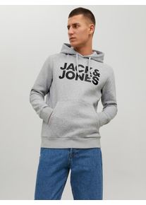 Jack & Jones Kapuzensweatshirt JACK & JONES "JJECORP Kapuze und Frontprint", Herren, Gr. XS, grau (light grau melange), Obermaterial: 68% Baumwolle, 28% Polyester, 4% Viskose, bedruckt, normal, Rundhals, B&uuml;ndchen, Sweatshirts Kapuzensweatshirt, bedruckt, modisch, regular fit, Baumwollmischung, Rundhals
