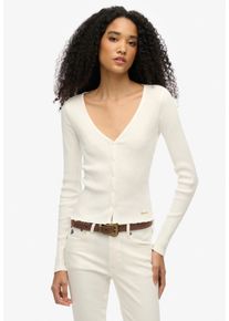 Langarmshirt Superdry "ESSENTIAL BUTTON THRU LS TOP", Damen, Gr. M, wei&szlig; (sanftes wei&szlig;), Single Jersey, Obermaterial: 100% Baumwolle, unifarben, skinny fit normal, tiefer Rundhals, Shirts Langarmshirt, Baumwolle, skinny fit