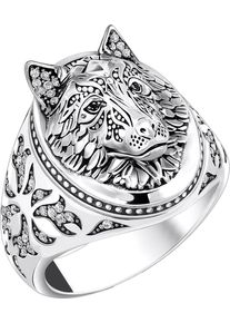 Siegelring Thomas Sabo "Wolf-Optik mit Steinen Silber" Gr. 62, bunt (silberfarben, wei&szlig;, schwarz), Fingerringe, Damen, 62, Silber 925 (recycelt), 5mm, Siegelring, mit Zirkonia (synth.)