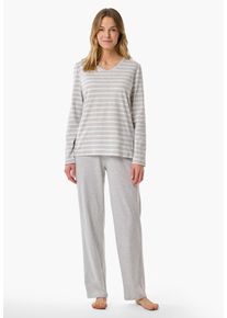 Schlafanzug Schiesser "Casual Essentials", Damen, Gr. 40, silber (210, silbergrau, meliert), Single Jersey, Obermaterial: 100% Baumwolle, bequem lang, V-Ausschnitt, Homewear-Sets Schlafanzug, Baumwolle, V-Ausschnitt, lang&auml;rmelig