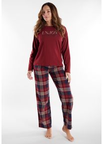 Schlafanzug Tom Tailor "Xanthi", Damen, Gr. 46 (XXXL), rot (rot, mittel, karo), Obermaterial: 95% Baumwolle, 5% Elasthan, bequem lang, Rundhals, Homewear-Sets Schlafanzug, Rundhalsausschnitt, Hose kariert, lang&auml;rmelig