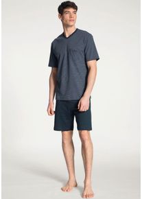 Shorty Calida "Relax Streamline", Herren, Gr. S (46/48), blau (schwarz sapphir), Interlock, Obermaterial: 100% Baumwolle, unifarben, normal kurz, V-Ausschnitt, Rippb&uuml;ndchen, Homewear-Sets Shorty, mit Langarm-Oberteil in Ringel-Optik