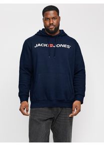 Jack & Jones PlusSize Kapuzensweatshirt "JJECORP OLD LOGO SWEAT HOOD NOOS PLS", Herren, Gr. 5XL, blau (navy blazer detail:reg fit), angeraute Sweatware, Obermaterial: 80% Baumwolle, 20% Polyester, JACK & JONES PLUSSIZE, bedruckt, regular fit taillenbedeckt, ohne Ausschnitt, Rippb&uuml;ndchen, Sweatshirts Kapuzensweatshirt, mit Logo Print