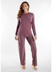 Schlafanzug Tom Tailor "Sitia", Damen, Gr. 46 (XXXL), lila, mittel, streifen, Obermaterial: 95% Baumwolle, 5% Elasthan, gestreift, bequem normal, Rundhals, gerader Abschluss, Homewear-Sets Schlafanzug, Langarm, Rundhalsausschnitt, mit Muster, basic, Baumwollmix