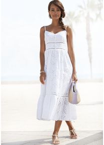 Midikleid Buffalo, Damen, Gr. 34, N-Gr, wei&szlig;, Web, Obermaterial: 100% Baumwolle. Futter: 100% Baumwolle, unifarben, figurbetont ca. Mitte Wade, V-Ausschnitt, Kleider Midikleid, mit hochwertiger Lochstickerei, luftiges Sommerkleid aus Baumwolle, Topseller