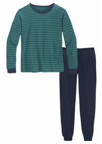 Pyjama Le Jogger, Jungen, Gr. 146/152, blau (petrol, marine), Jersey, Obermaterial: 100% Baumwolle, gestreift, Basic, normal lang, Rundhals, angesetztes B&uuml;ndchen, Homewear-Sets Pyjama, Schlafanzug mit zweifarbig gestreiftem Oberteil, Topseller