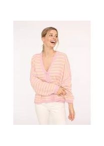Strickjacke Zwillingsherz "Streifen", Damen, rosa, Strick, Obermaterial: 60% Polyamid, 24% Polyester, 8% Wolle, 8% Viskose, gestreift, comfort fit h&uuml;ftlang, tiefer V-Ausschnitt, Strickjacken Strickjacke, One Size, Loose-Fit, Langarm, Wollanteil, V-Ausschnitt