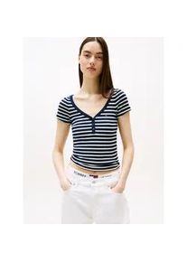 Tommy Hilfiger Kurzarmshirt TOMMY JEANS "TJW SLIM HENLEY WAFFLE SS", Damen, Gr. S (36), blau (schwarz night navy, stripe), Single Jersey, Obermaterial: 58% Baumwolle, 39% Polyester, 3% Elasthan, gestreift, figurbetont normal, V-Ausschnitt, Shirts