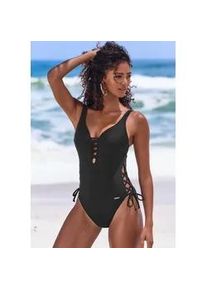 Badeanzug Bruno Banani, Damen, Gr. 38, Cup C/D, schwarz, Recycling-Polyamid, unifarben, Badeanz&uuml;ge Badeanzug, mit Zierschn&uuml;rungen