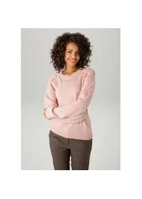 Strickpullover Aniston CASUAL, Damen, Gr. 38, puderrosa, Strick, Obermaterial: 70% Polyacryl, 30% Polyester, meliert, unifarben, l&auml;ssig geschnitten h&uuml;ftlang, Rundhals, Rippstrickb&uuml;ndchen, Pullover Strickpullover, mit aufgestrickten Bl&uuml;ten verziert