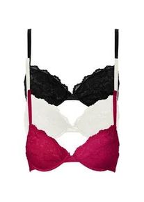 Push-up-BH bonprix "Push-up-BH mit feiner Spitze (3er Pack)", Damen, Gr. 90, Cup A, rosa (beerenrot, ecru, schwarz), Obermaterial: 86% Polyester, 14% Elasthan. Futter: 100% Baumwolle. Spitze: 90% Polyamid, 10% Elasthan, BHs Push-up-BH, leicht wattierte Cups, mit feinem Allover-Spitze, mit Baumwollfutter