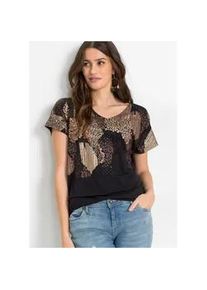 T-Shirt bonprix, Damen, Gr. 36/38 (S), schwarz (schwarz graphisch bedruckt), Jersey, Obermaterial: 95% Viskose, 5% Elasthan, bedruckt, unifarben, oversize h&uuml;ftbedeckend, V-Ausschnitt, Shirts T-Shirt, Oversize-Passform, &uuml;berschnittene Schultern, Kurzarm, aus Viskose