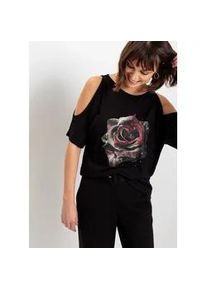 T-Shirt bonprix "Cold-Shoulder-Shirt aus Viskose", Damen, Gr. 56/58 (XXXL), schwarz (schwarz, grau floral), Obermaterial: 100% Viskose, l&auml;ssig geschnitten, Shirts T-Shirt, Cold-Shoulder-Design, Halbarm, l&auml;ssige Passform, mit Blumen-Print