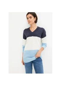 Strickpullover bonprix "Pullover", Damen, Gr. 52/54 (XXL), wei&szlig; (wollwei&szlig;, dunkelblau, topazblau gestreift), Obermaterial: 100% Polyacryl, bequem, Pullover Strickpullover, aus Polyacryl, mit V-Ausschnitt, bequeme Passform