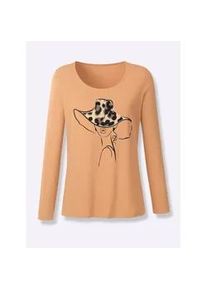 Langarmshirt Classic Basics "Langarm-Shirt", Damen, Gr. 52, braun (camel), 100% Baumwolle, bedruckt, gemustert, mehrfarbig, Rundhals, Shirts Langarmshirt