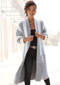 Longstrickjacke Lascana, Damen, Gr. 44/46, schwarz (creme, schwarz), Strick, Obermaterial: 50% Polyamid, 30% Viskose, 20% Polyester, gemustert, figurumspielend kniebedeckend, ohne Ausschnitt, Strickjacken Longstrickjacke, aus flauschigem Strick, Cardigan mit langen &Auml;rmeln
