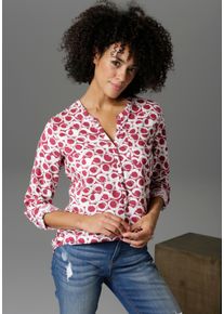 Schlupfbluse Aniston CASUAL, Damen, Gr. 46, rot (bordeaux, wei&szlig;), Web, Obermaterial: 100% Viskose, bedruckt, figurumspielend Po-bedeckend, Rundhals, &Auml;rmel mit &Auml;rmelschlitz 1-Knopf-Manschette krempelbar, Blusen Schlupfbluse, mit krempelbaren &Auml;rmeln, Topseller