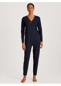 Schlafanzug Calida "Elegant Dreams", Damen, Gr. XS (36/38), blau (schwarz lapis blau), Single Jersey, Obermaterial: 95% Modal (TENCEL&trade;), 5% Elasthan, leicht transparent, unifarben, comfort fit lang, V-Ausschnitt, Homewear-Sets Schlafanzug, Spitze an Ausschnitt und B&uuml;ndchen, Single Jersey, elastisch, weich