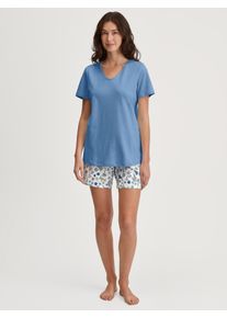 Shorty Calida "Graphic Nights", Damen, Gr. M (44/46), blau (riviera blau), Single Jersey, Obermaterial: 100% Baumwolle, bequem kurz, V-Ausschnitt, Homewear-Sets Shorty, Hose gebl&uuml;mt, Oberteil uni, V-Ausschnitt, kurz&auml;rmelig
