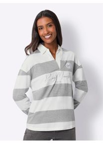 Poloshirt Heine "Poloshirt", Damen, Gr. 34, grau (grau, ecru, bedruckt), 94% Baumwolle, 6% Polyester, gemustert, mehrfarbig, V-Ausschnitt, Shirts Poloshirt