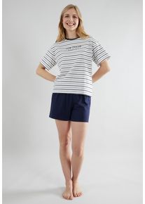 Shorty Tom Tailor "Zaria", Damen, Gr. 46 (XXXL), blau, Single Jersey, Obermaterial: 95% Baumwolle, 5% Elasthan, bequem kurz, Rundhals, Homewear-Sets Shorty, Streifendesign, Kurzarm, Rundhalsausschnitt, kurze Hose, Baumwollmix